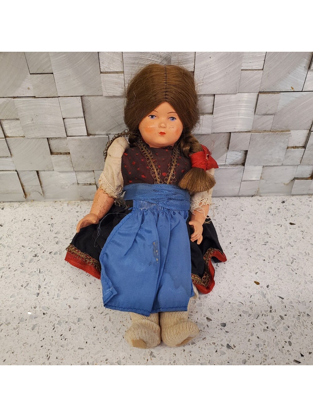 Vintage Doll in Traditional Folk Costume with Blue Apron European 8"